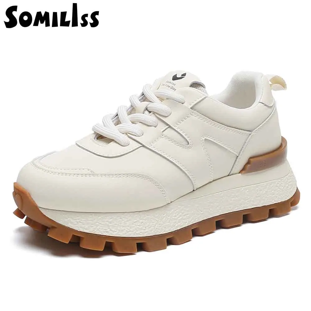 SOMILISS Women Sneakers Genuine Leather Lycra Cloth Patchwork Lace-Up Round Toe Ladies Casual Sneakers Designer Brand Shoes