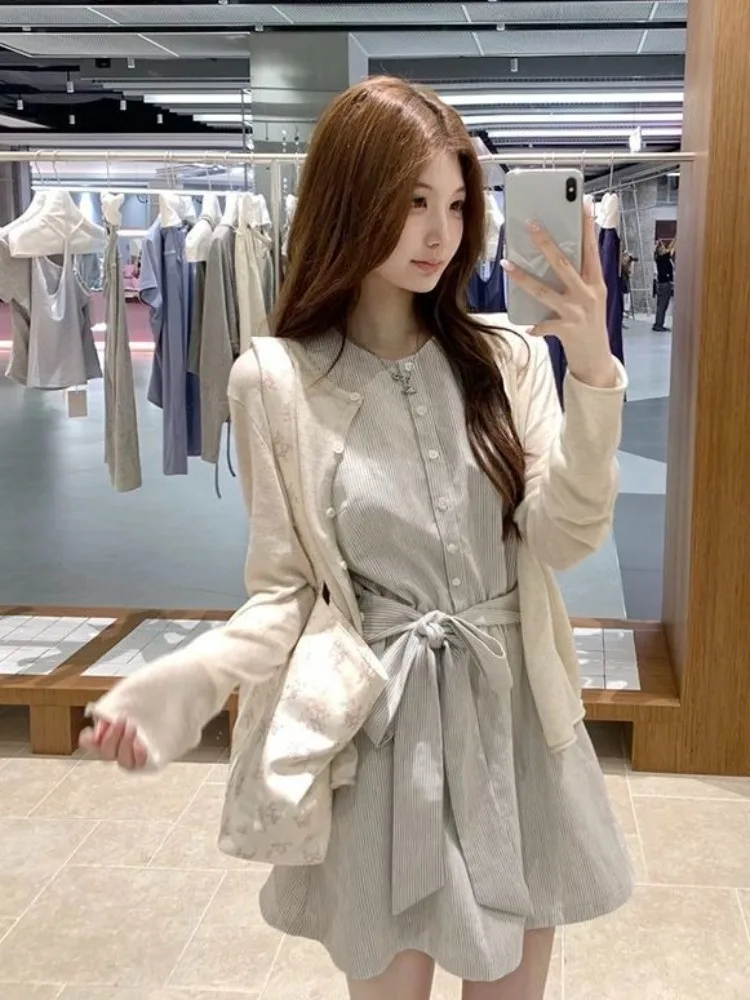 Coquette Korean Vintage Dress Set Women Striped Tie Waist Sleeveless Midi Dress Long Sleeve Cardigan Casual Daily Campus Outfit