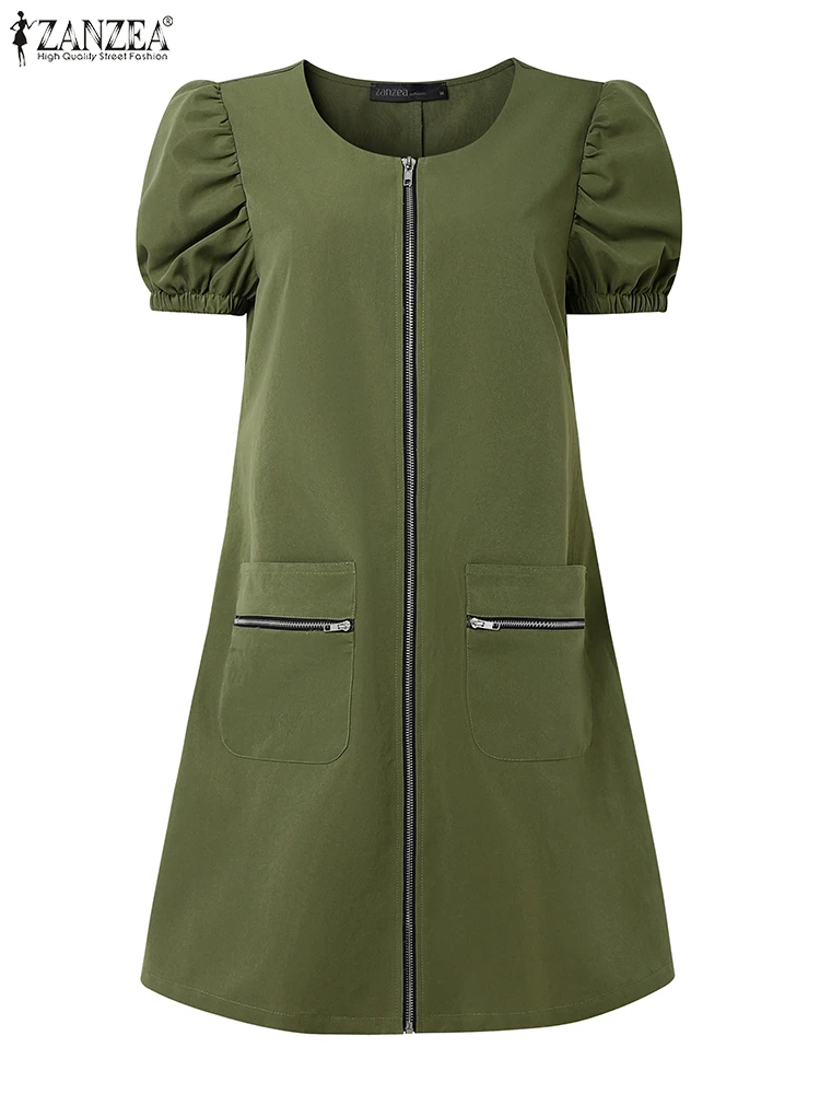 ZANZEA Damen-Minikleider mit Reißverschluss, 20225, Sommermode, kurze Puffärmel, O-Ausschnitt, 4 Farben, kurzes Kleid, Cargo-Arbeitskleidung, S-3XL