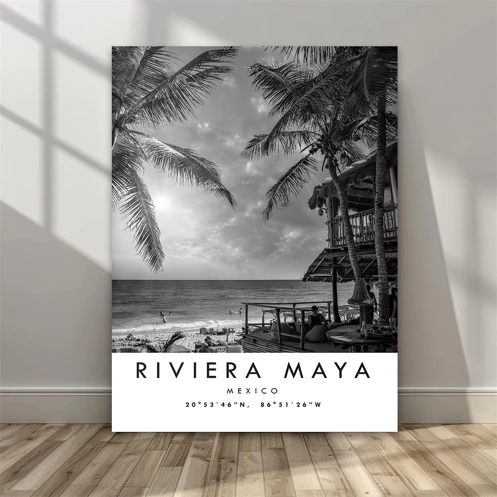 Riviera Maya Travel Print Poster Nature Landscape Black and White Coordinates Wall Art Minimalist Canvas Painting Decor