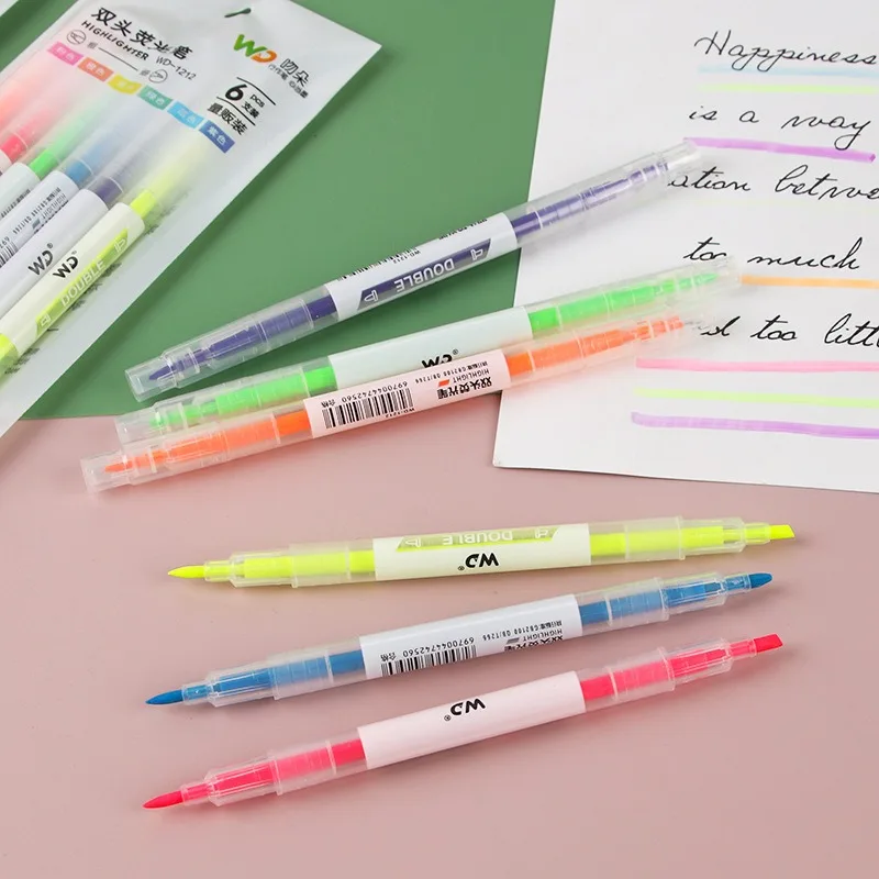 6 Pcs/pack Bulk Dual Tip Highlighter Set with Assorted Colors for Student Note Taking Journaling and Study Supplies