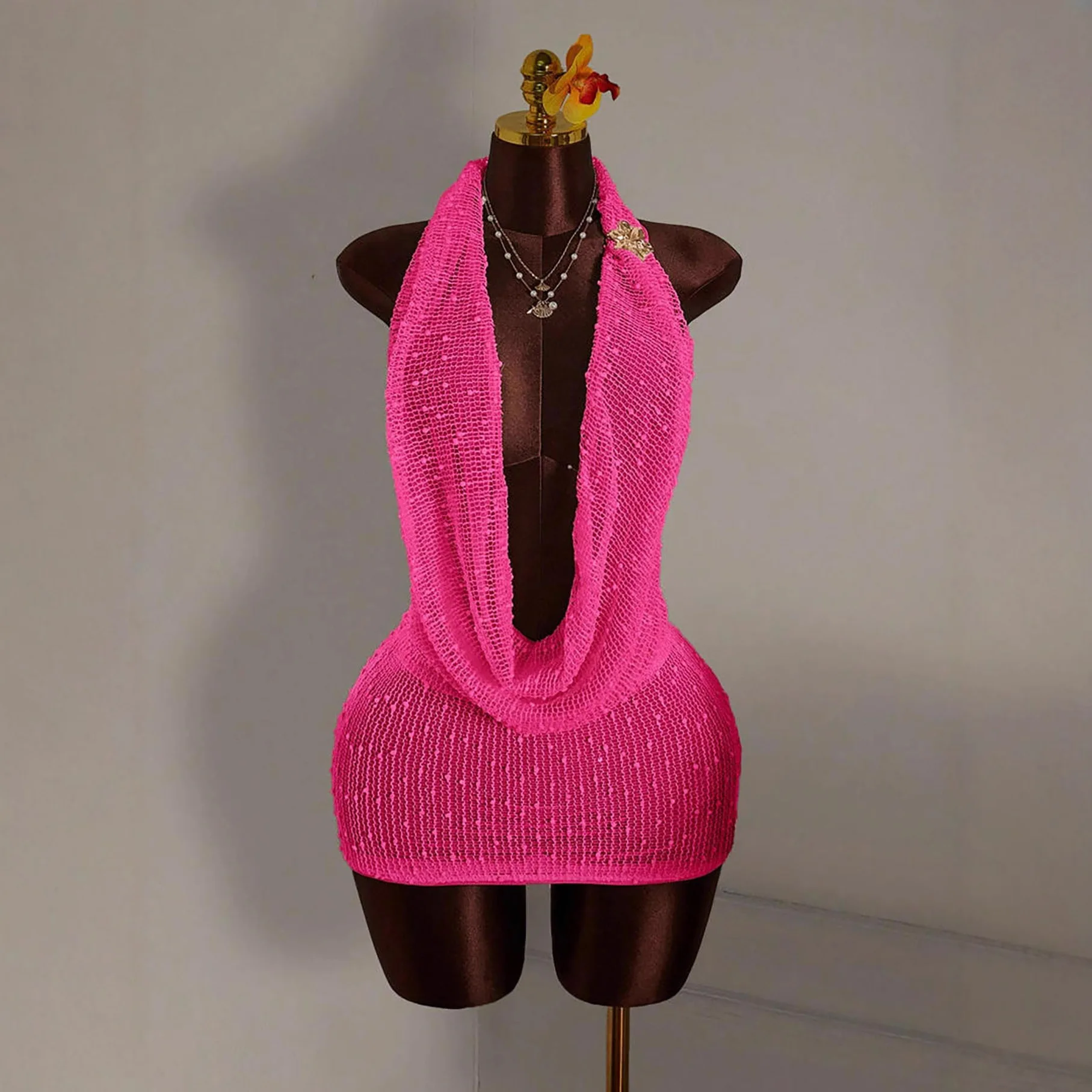 

Knitted Bodycon Mini Dress Women's Clothing Sexy Halter Neck Backless Evening Dress Sleeveless Solid Package Hip Party Vestidos