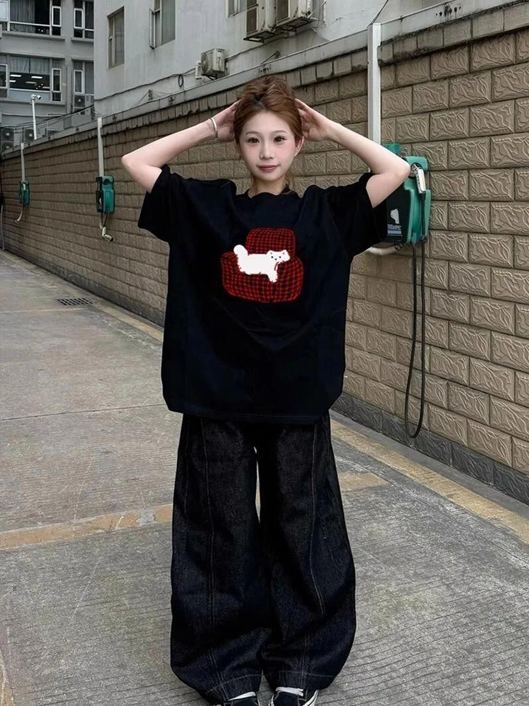 レトロアメリカンピュアコットンブラック半袖Tシャツ女性用サマーオーバーサイズハーフスリーブルーズショルダートップ韓国スタイル通勤