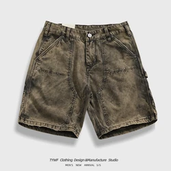 Heavy Washed 100% Cotton Shorts for Men Summer Vintage Distressed Washed Casual Loose Straight Half Pants Youth Male Workwear