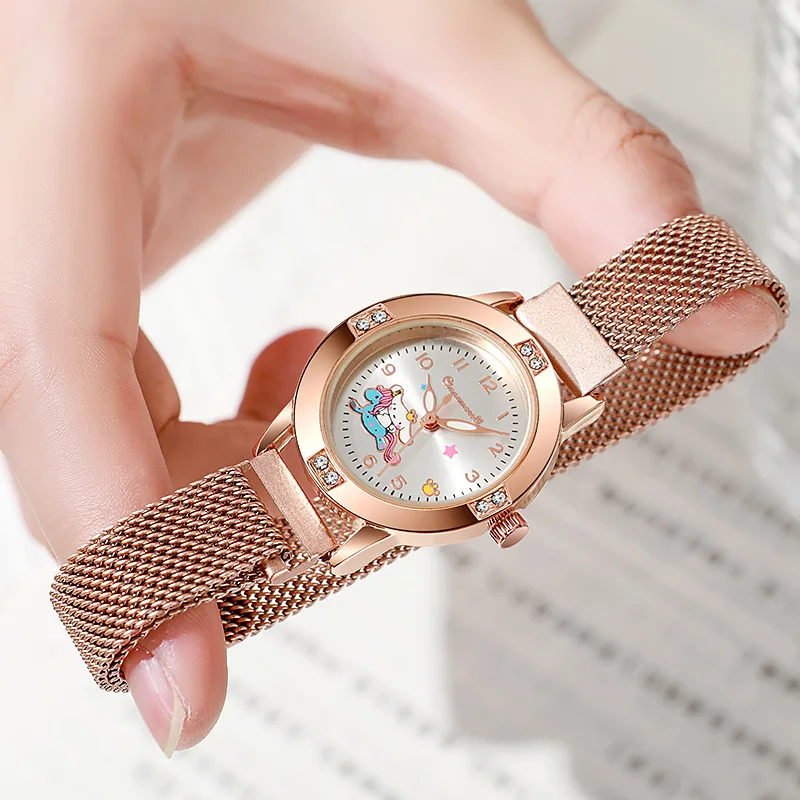 Hello Kitty Watch Sanrio Women Delicate Milan Quartz Watch with Magnet Buckle Set Diamond Wristwatch Cartoon Student Cute Watch