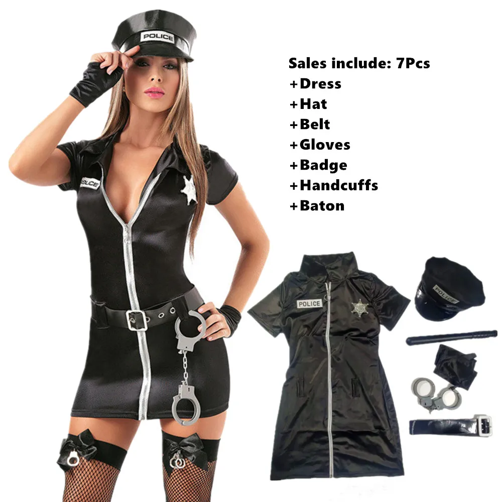 S-3XL Black Sexy Police Costume Female Cop Officer Uniform Halloween Party Stage Performance Cosplay Policewoman Outfit