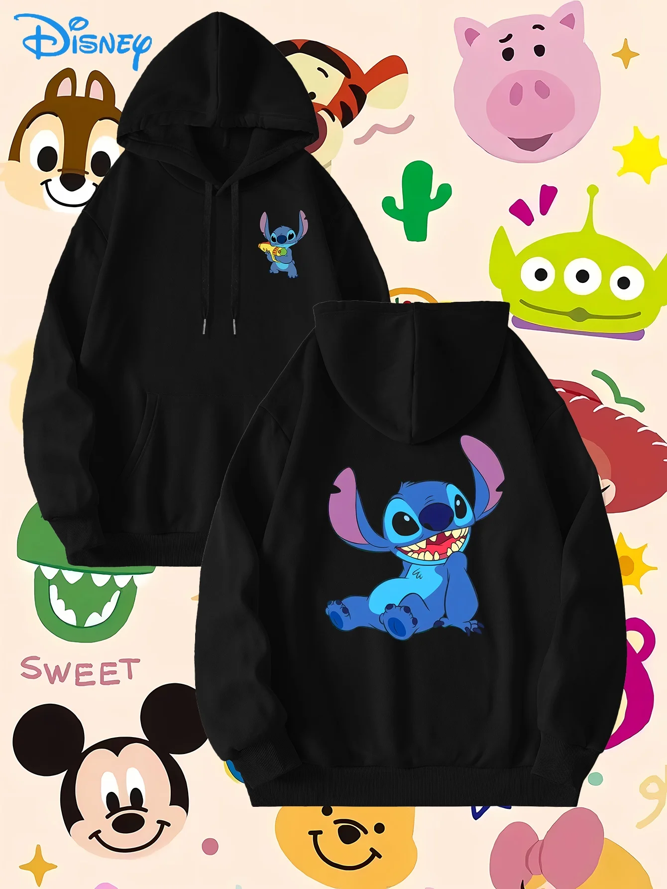 Bluza z kapturem Disney Stitch, kreatywny wzór, codzienna, z długim rękawem, ze sznurkiem i kieszenią, odzież codzienna.