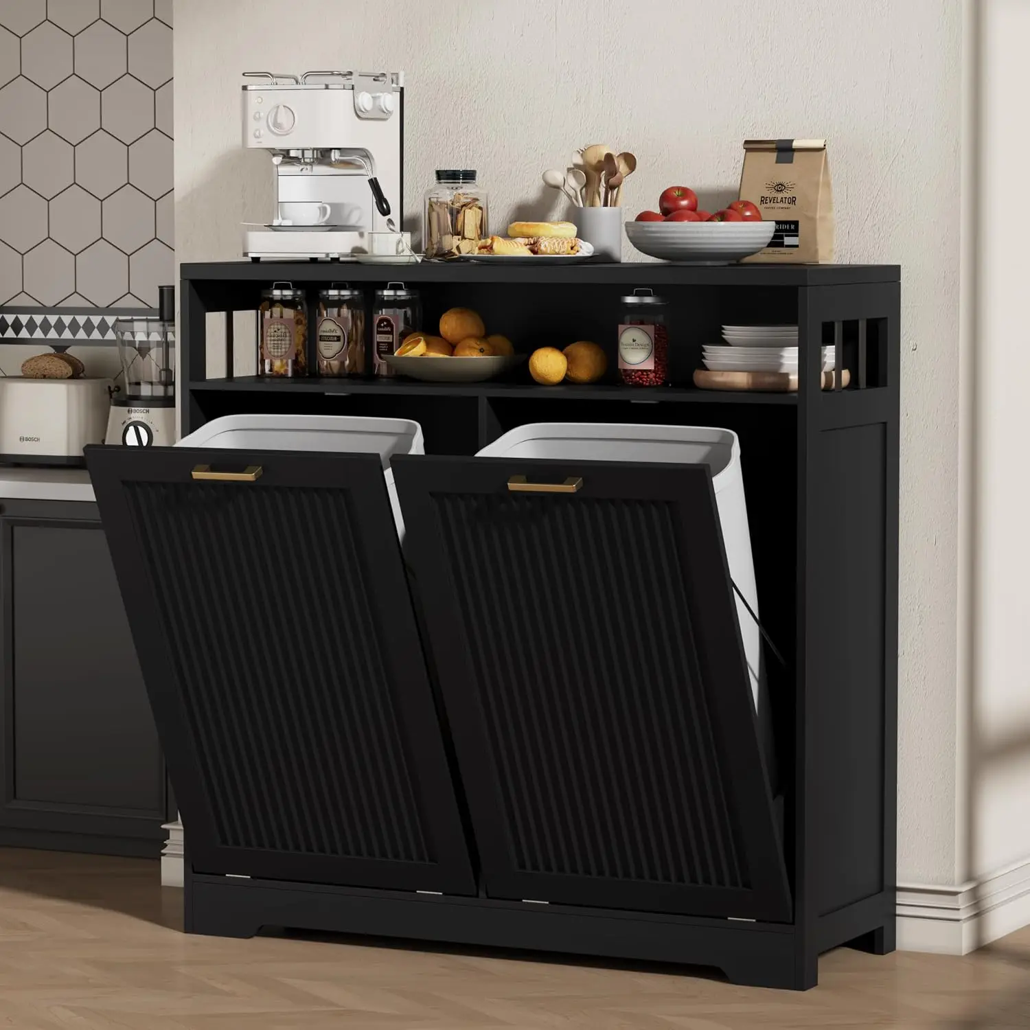 Double Tilt Out Trash Can Cabinet 2 x 13 Gallon Hidden Garbage Recycling Bin Cabinet Pet Proof Free Standing Kitchen Island with Storage Countertop for Dining Room Living Room Black