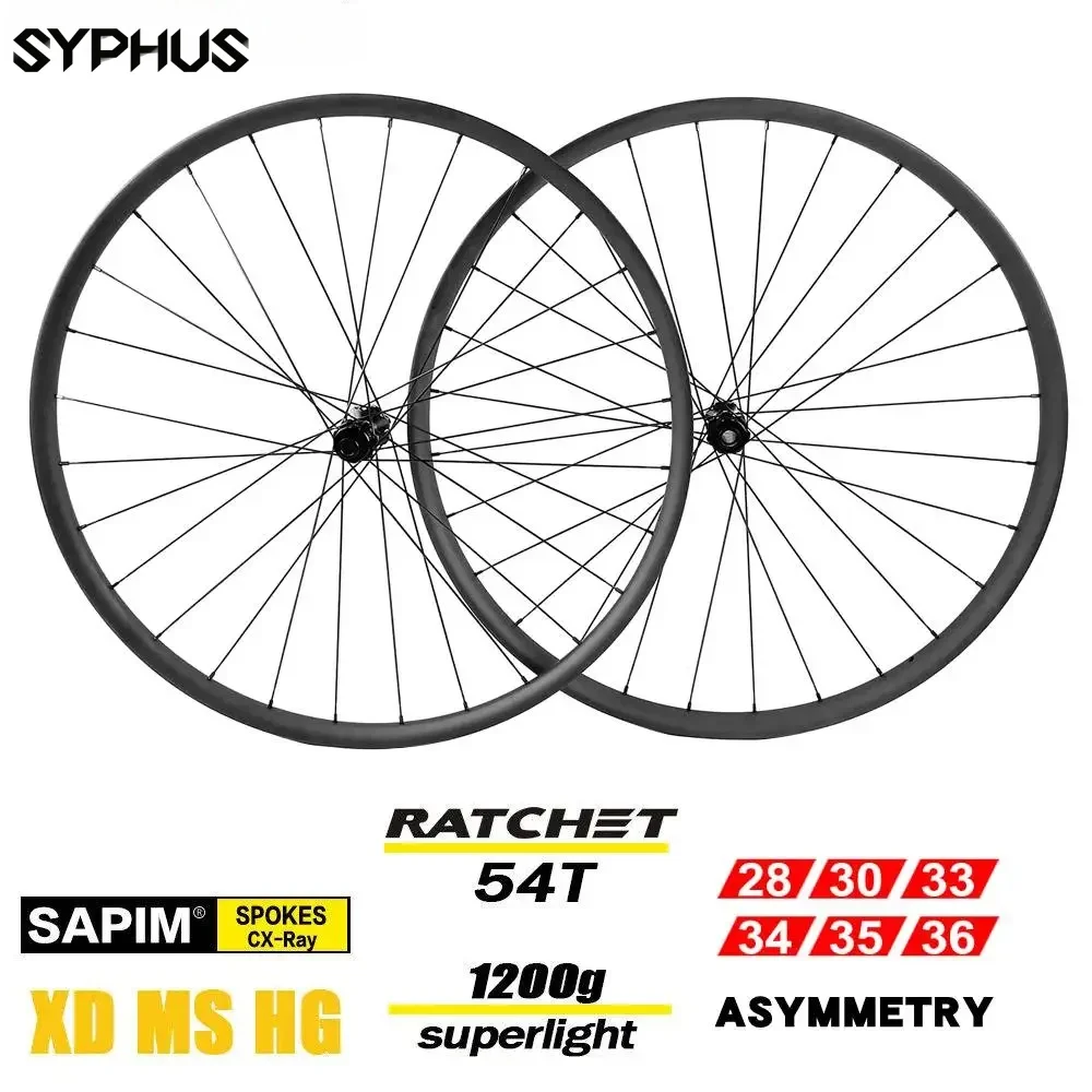 Syphus 29er MTB Carbon Wheels Ultralight 1200G Ratchet System 54T 35mm Width Mountain Bicycle Rims Asymmetry Carbon Wheelset