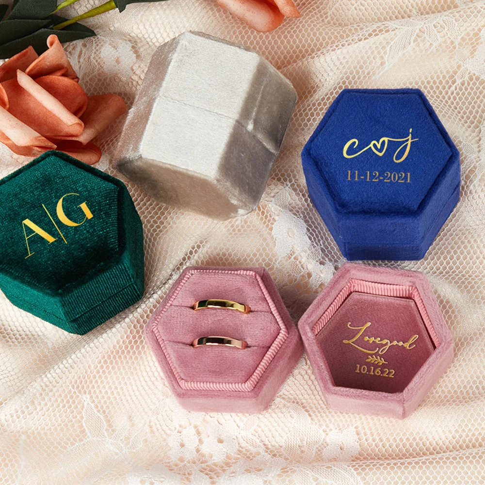 Personalized Hexagon/Octagon Velvet Ring Box Wedding Engagement Bridal Photo Props Single/Double Slot Ring Bearer Box Retro