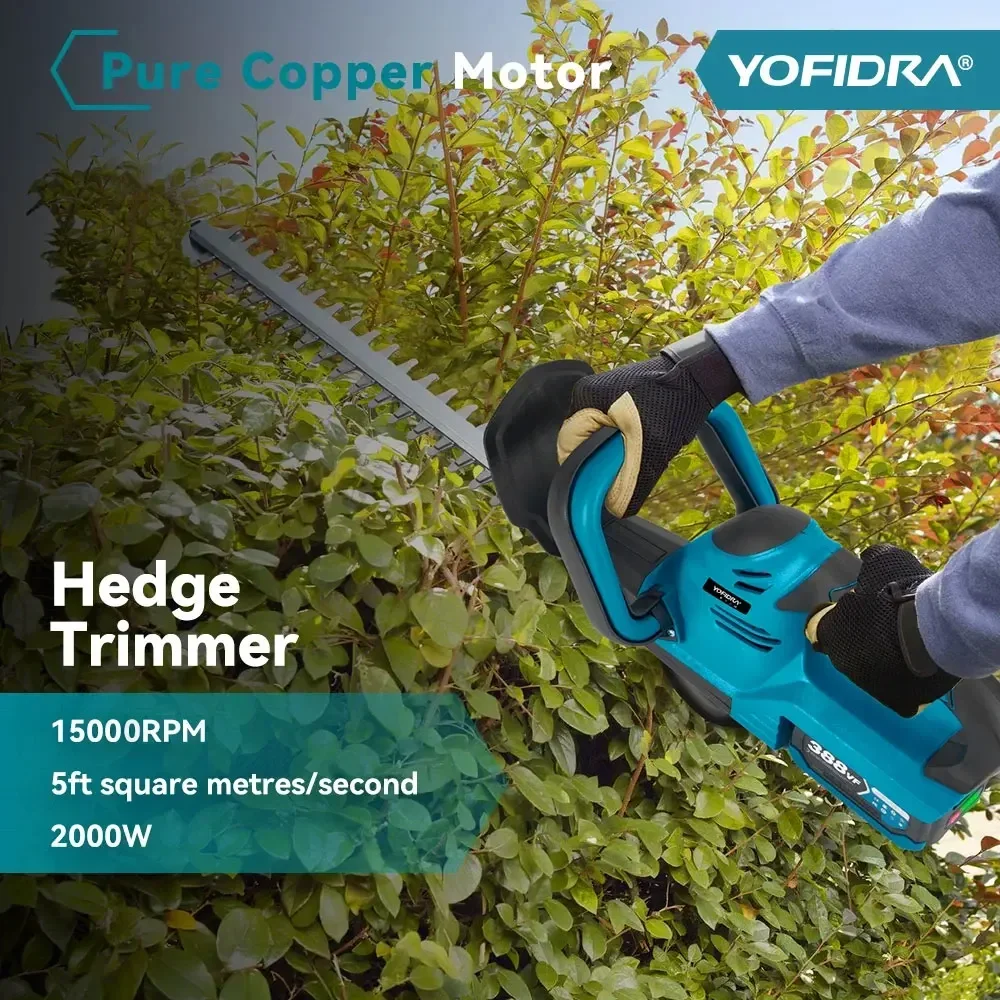 YOFIDRA 2000W Electric Hedge Trimmer Efficient Cordless Rechargeable Garden Shrub Pruning Power Tools For Makita 18V Battery