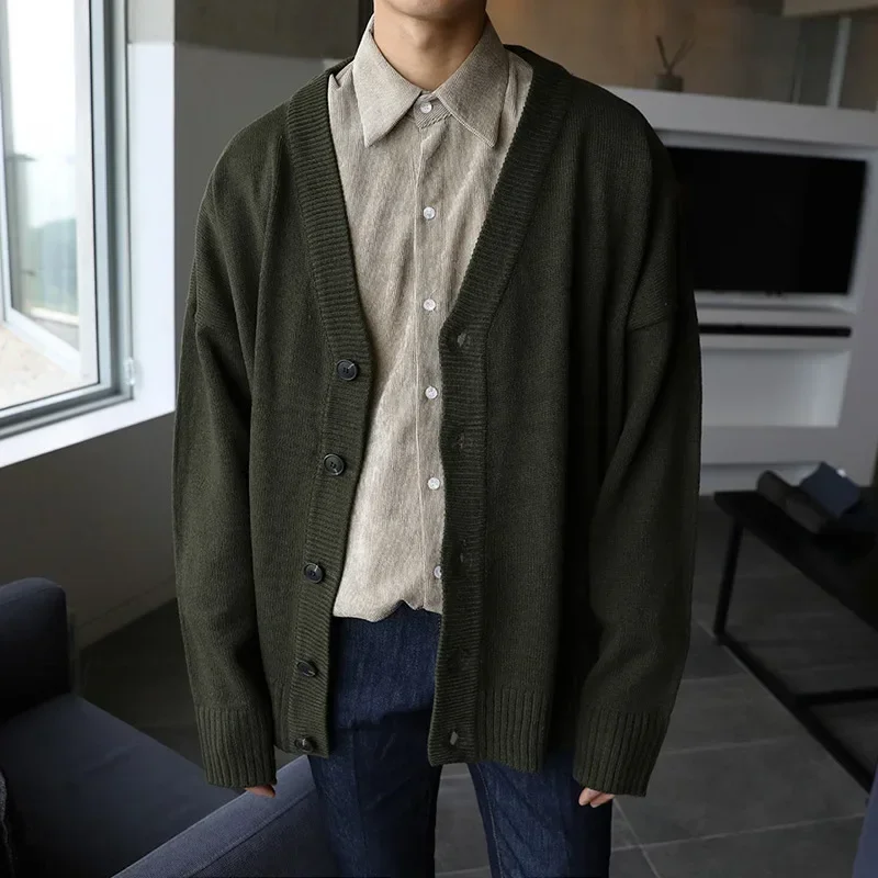 

Boys Green Oversized Knitted Sweater Loose Vintage V-neck Sweater Men Button Up Cardigan Long Sleeve Knitwear Casual Knit Top