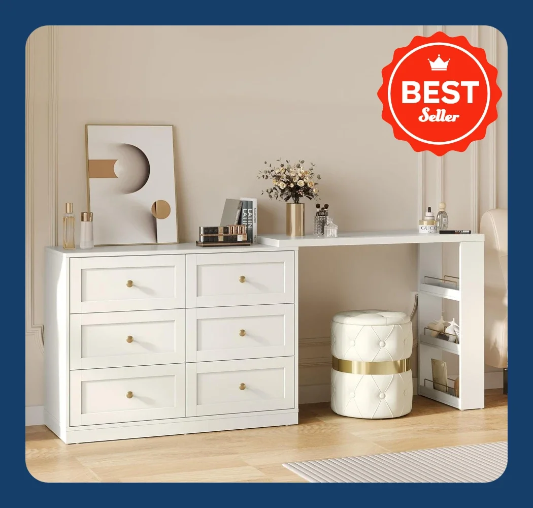 [XMSJ-مخزون محدود، اشتر الآن! مجموعة مكتب وخزانة الملابس من فانيتي، مكياج كبير قابل للتمديد بطول 76 بوصة مع 6 أدراج و3 جوانب