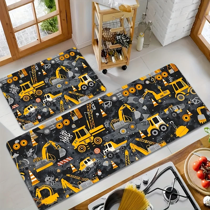 Construction Excavator Theme Area Rug, Aesthetic Yellow Truck Floor Mat for Kids Playroom Bedroom, Washable Decor Carpet
