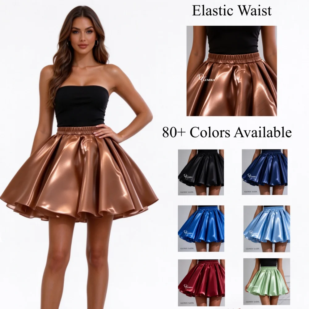 Women’s Glossy Satin Mini Skirt High Waist Flared Skater Skirt Elastic Waistband Short Casual Party Club Wear Shiny A-Line Dress
