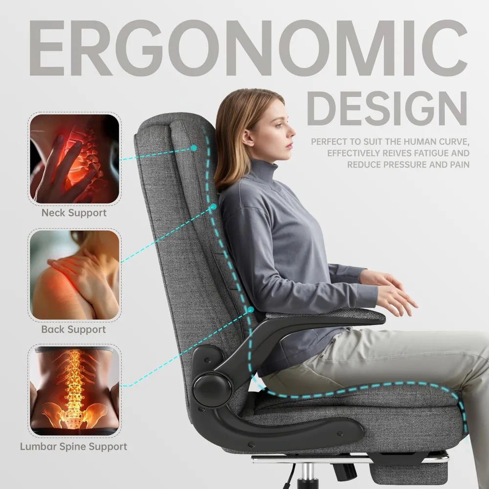 كرسي مكتب كبير وطويل، كرسي ألعاب من القماش عالي الظهر مع مسند للقدمين، كرسي مكتب مريح مع مسند ذراع قابل للطي، حشوة سميكة