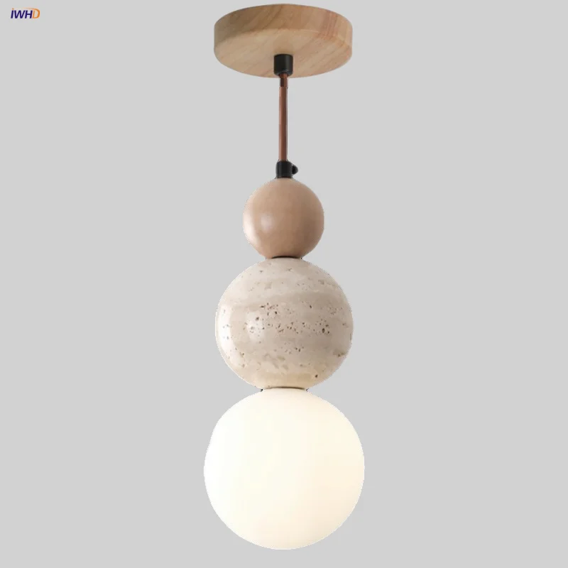 

IWHD White Glass LED Pendant Light Fixture Bedroom Living Room Lighting Nordic Modern Wood Ball Yellow Cave Stone Hanging Lamp