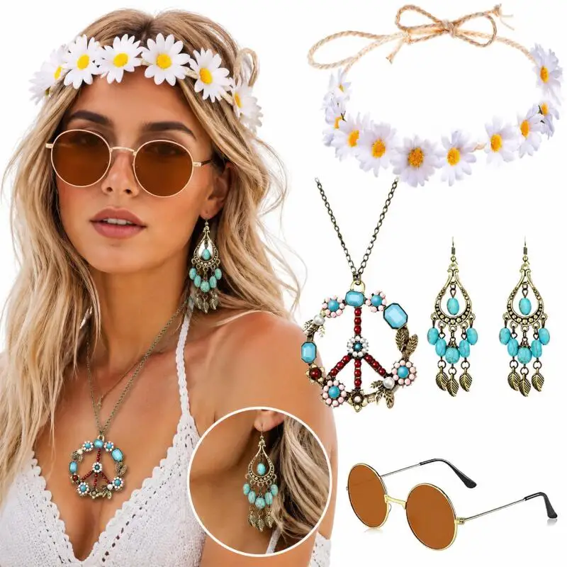 70 80s Boho Hippie Jewelry Set Flower Crown Round Sunglasses Turquoise Peace Sign Necklace Dangle Earrings Halloween Party Suit