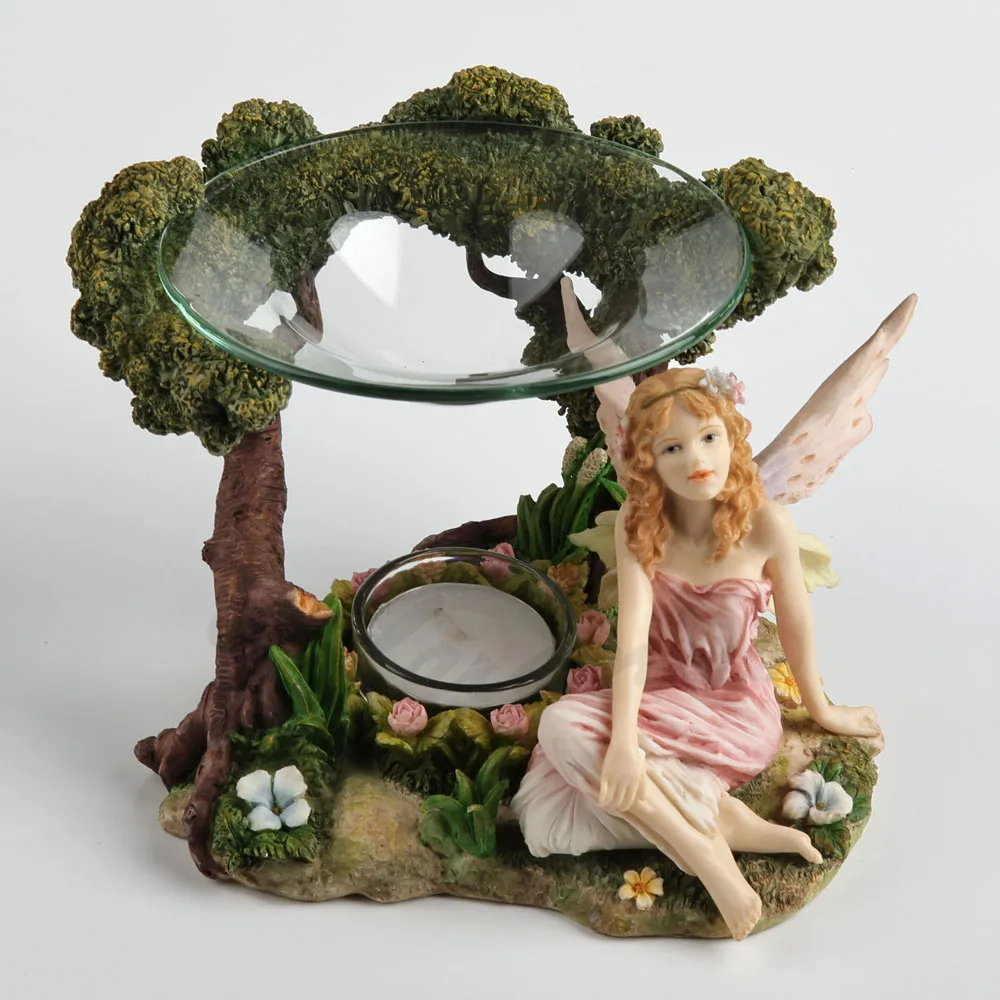 Forest Fairy Figurine Candle Holder with Tree Shaped Glass Tray Resin Winged Elf Statue Floral Base Tealight Holder Home Decor