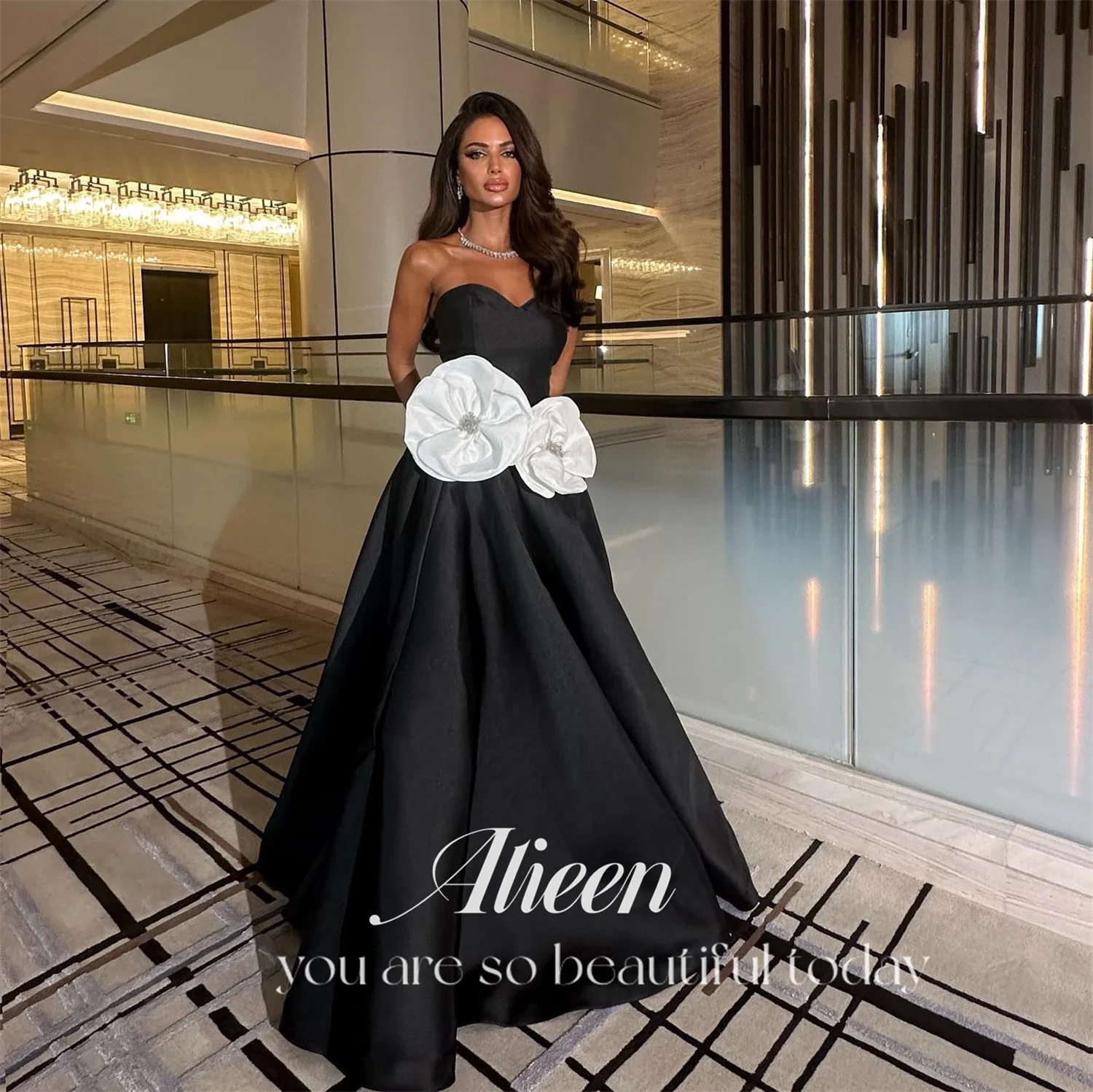 Aileen Black Off the Shoulders 3D Flowers Satin A-line Chubby Elegant Party Dresses 2024 for Wedding Evening Woman Gala Prom