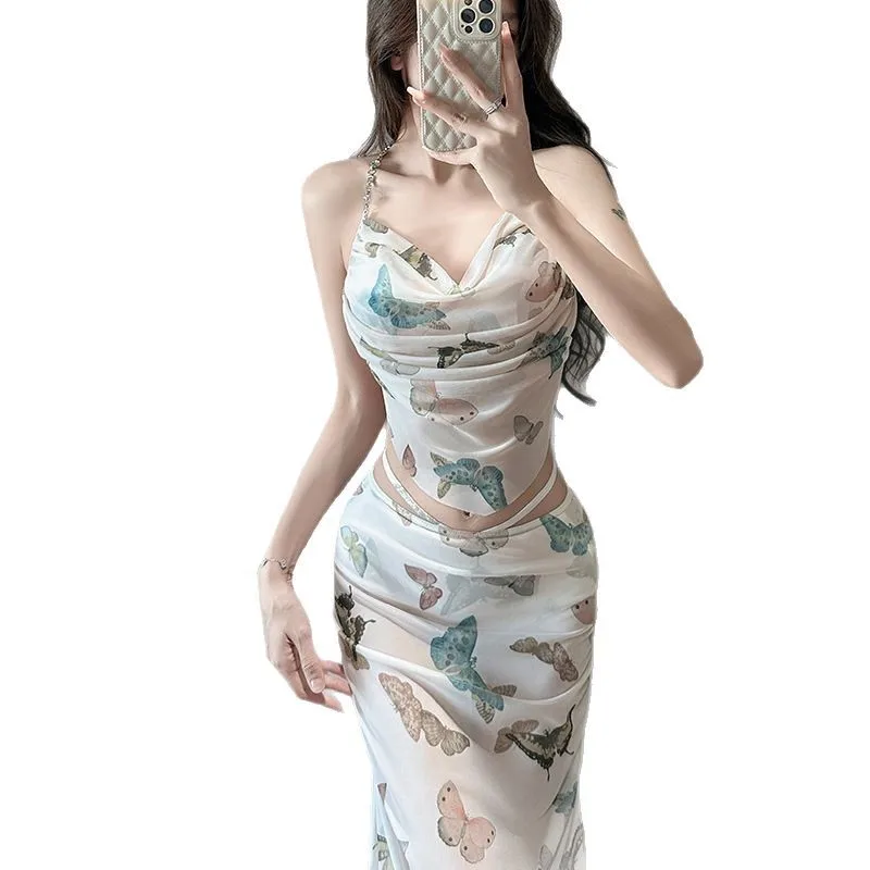 セクシーな kpop バタフライプリント水着 3 個ラインストーンホルターネクタイベストとロングカバースカートビキニパッド入り水着 biquini タンキニ