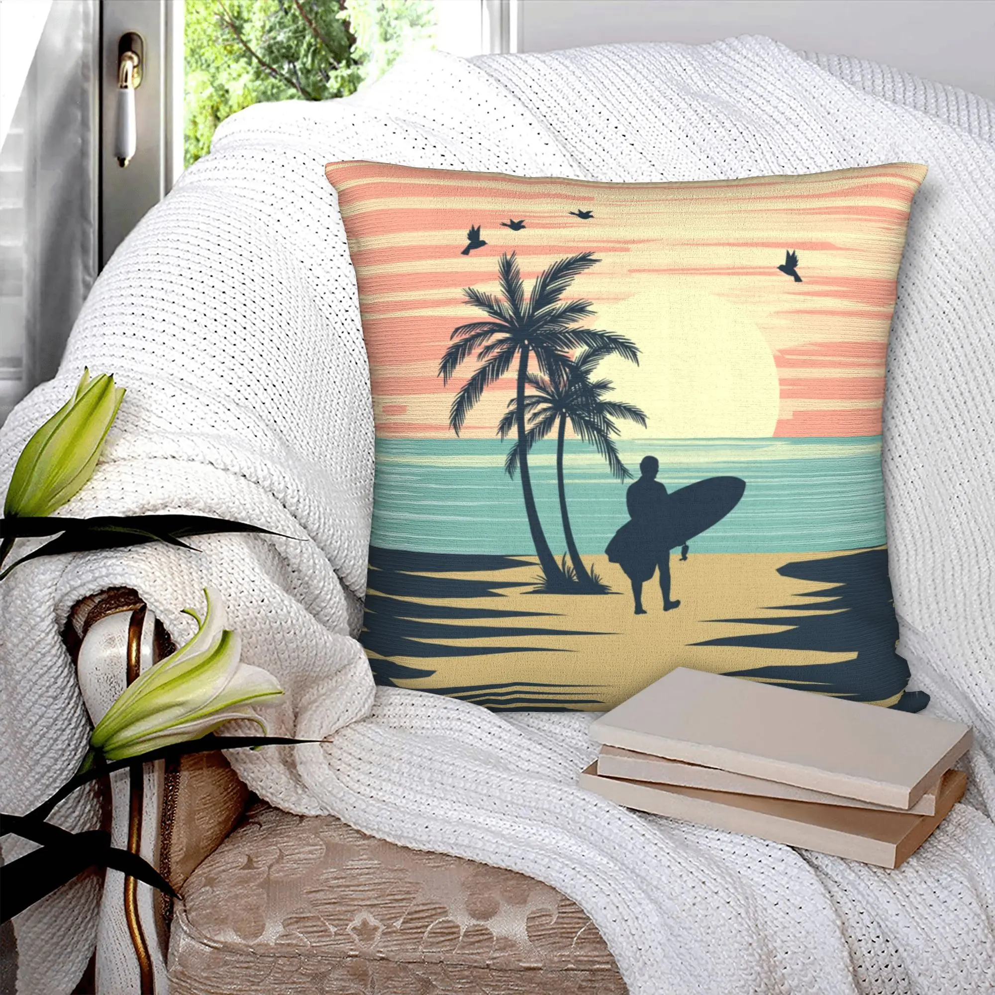 Luxury Retro Surfing Cushion Covers 40x40cm Velvet Summer Beach Surfer Throw Pillow for Car Square Pillowcase Home Decorative