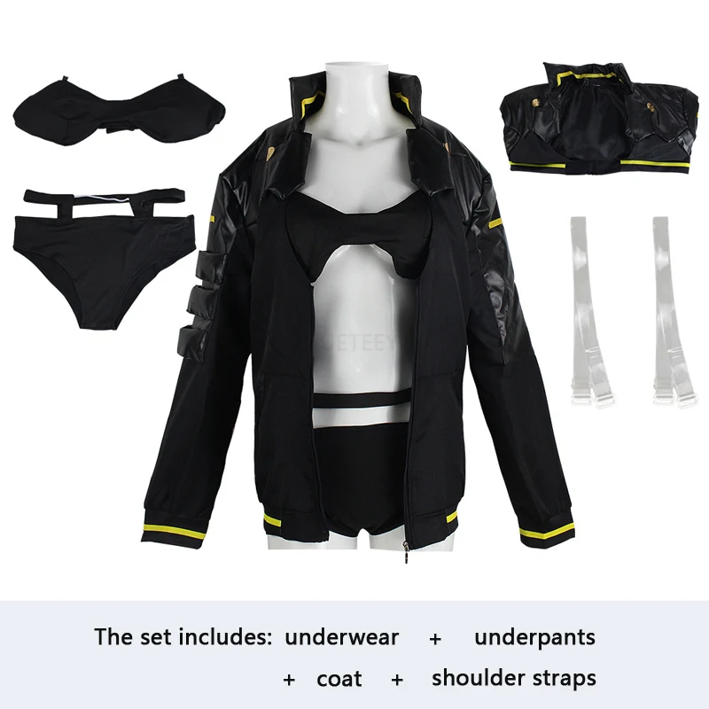 Cyberpunk Edgerunners Runner Rebecca Cosplay-Kostüm, komplettes Set, gelbe Akzente, Mantel, Unterwäsche, Shorts, Schultergurte, Perücke optional