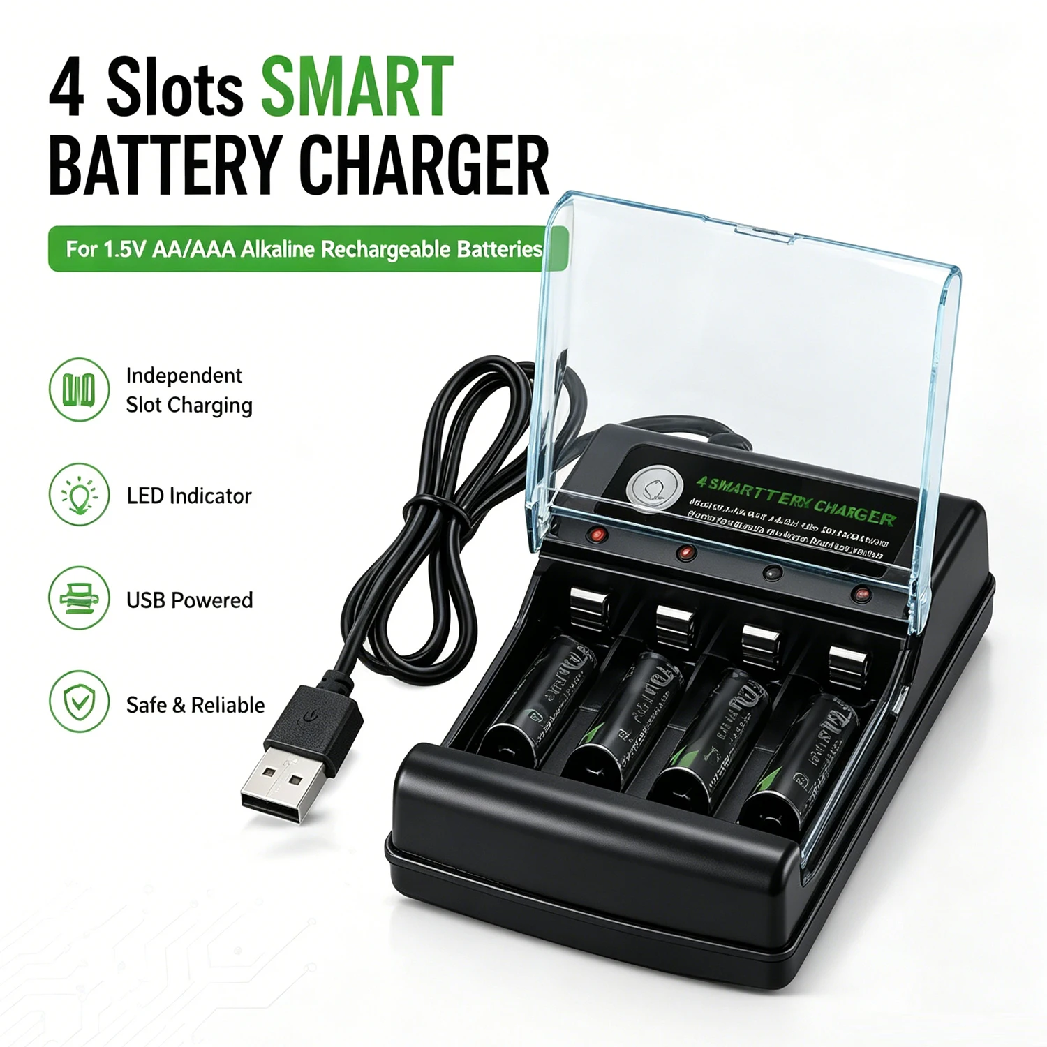 1.5VAA AAA Rechargeable Battery Charger 4 Slot Smart Independent USB Charger for Alkaline Batteries with Red Green LED Indicator