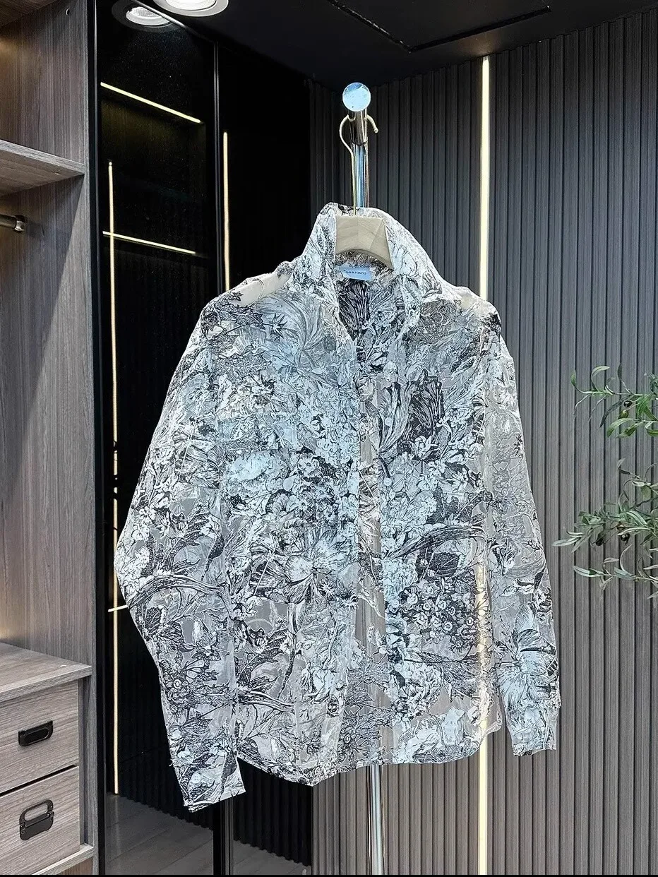 

Легкая дышащая летняя мужская рубашка с длинным рукавом и вырезами, свободного кроя, с кружевным цветочным принтом, солнцезащитная верхняя одежда