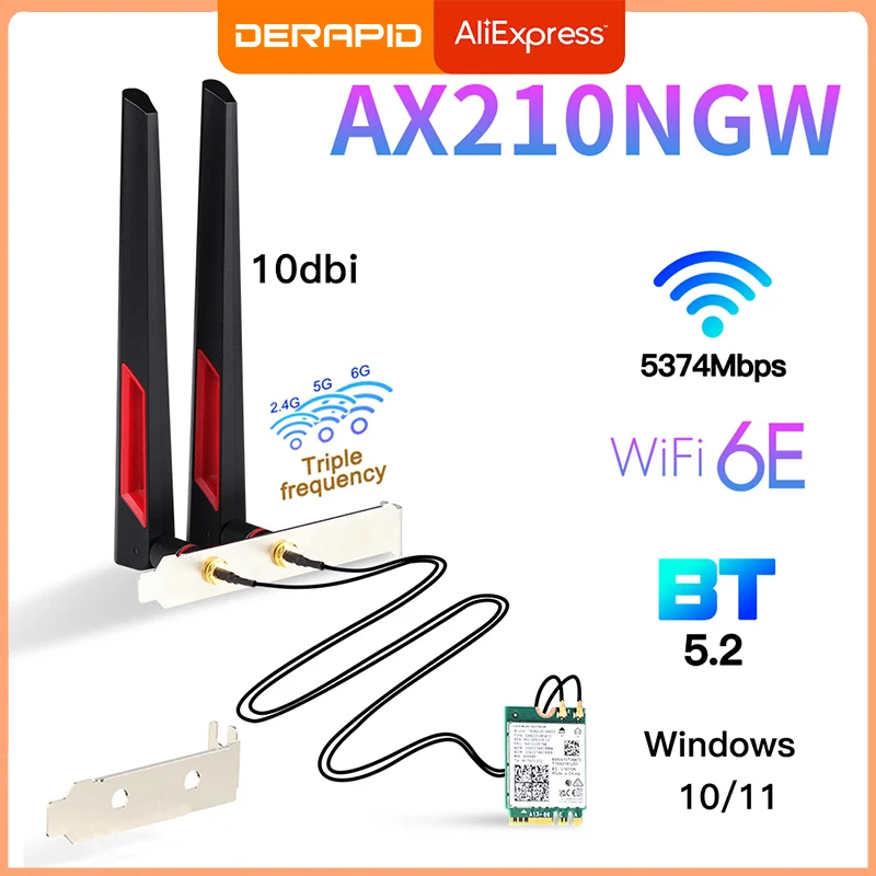 Ax210ワイヤレスカードキット、wi-fi 6e、ax210、5374mbps、bt5.3、デスクトップキット、アンテナ、802.11ax、トライバンド、2.4g、5ghz、6g、ax210ngw、wifi6、ax200よりも優れています