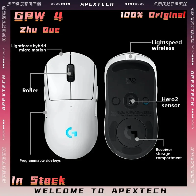 

Logitech GPW4 Zhuque Wireless Symmetrical Gaming Mouse GPW4 2.4G Dual Mode LIGHTFORCE Switches HERO 2 Sensor 80g 95H Battery