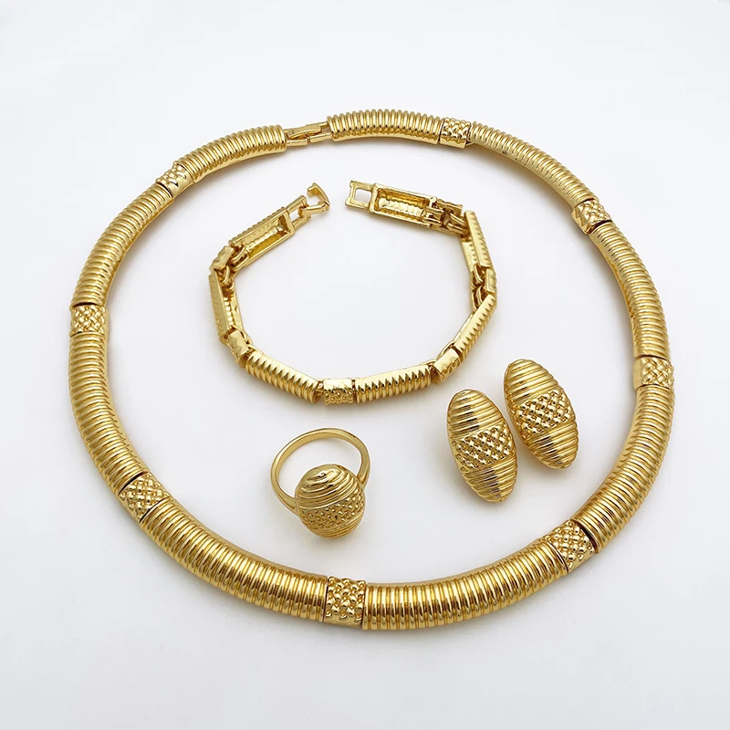 Gold Color Jewelry Sets For Women Luxury Quality Necklace Earrings Bracelet And Ring Dubai African 18K Gold Plated Jewelry