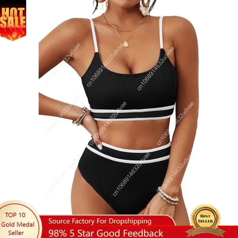 BMJL Women's High Waisted Bikini Ribbed Two Piece Swimsuit High Cut Color Block Adjustable Straps Bathing Suit