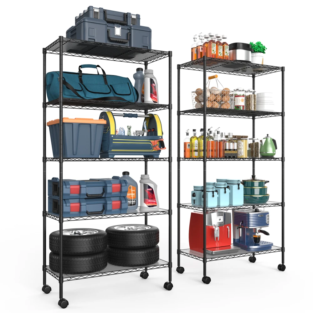 5-Tier NSF Heavy Duty Wire Shelving Unit, Height Adjustable, Large Storage Shelves for Garage, Kitchen, Office, Commercial Use.