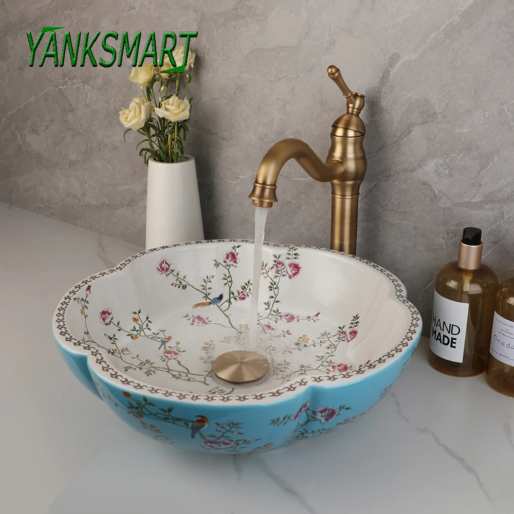 

YANKSMART Bathroom Basin Sink White and Blue Ceramic Flower Bird Washbasin Set Antique Brass Mixer Water Tap W/ Pop Up Drain