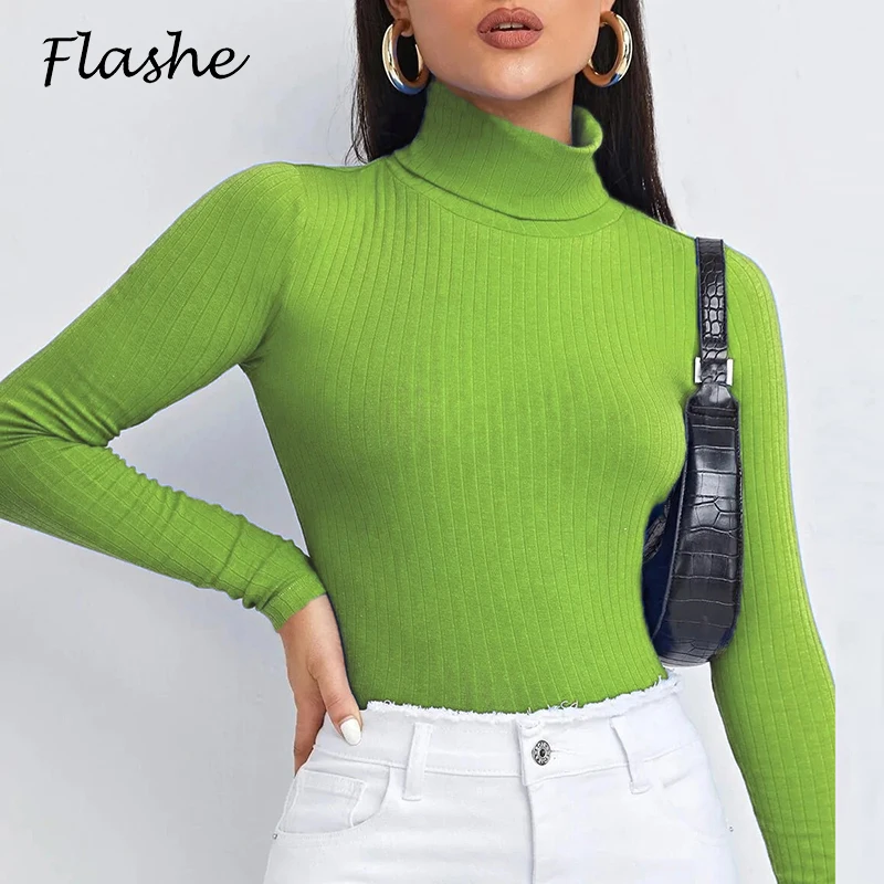 Autumn Long Sleeve Shirt Green Women Solid Slim Turtleneck Blouses For Women Sexy Cropped Tops Casual Short Shirt 2022