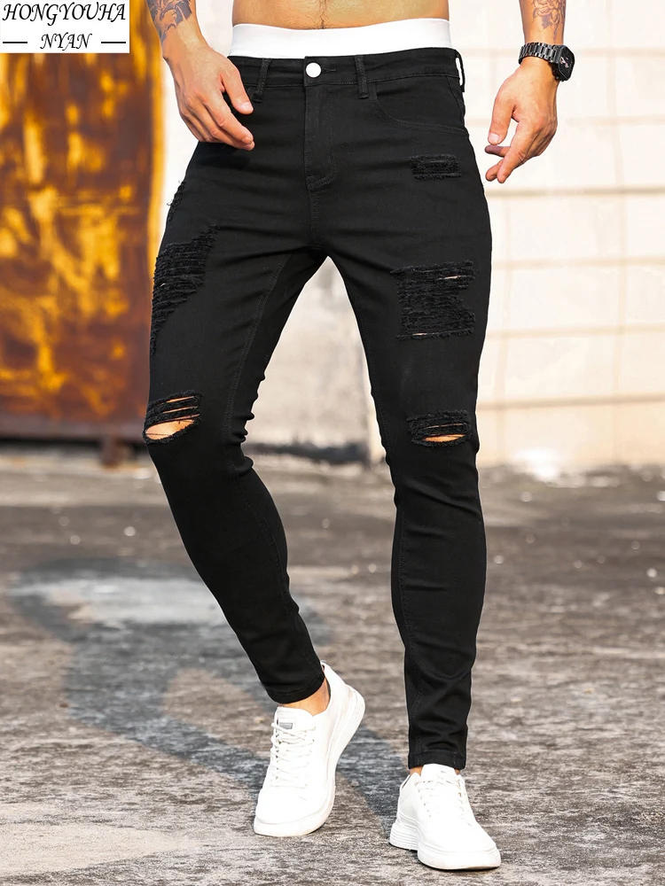 2023 European American Black Men\'s Jeans Classic Slim Fit Jeans Men Clothing Stretch Elastic Skinny Hole Hip Hop Black Jeans