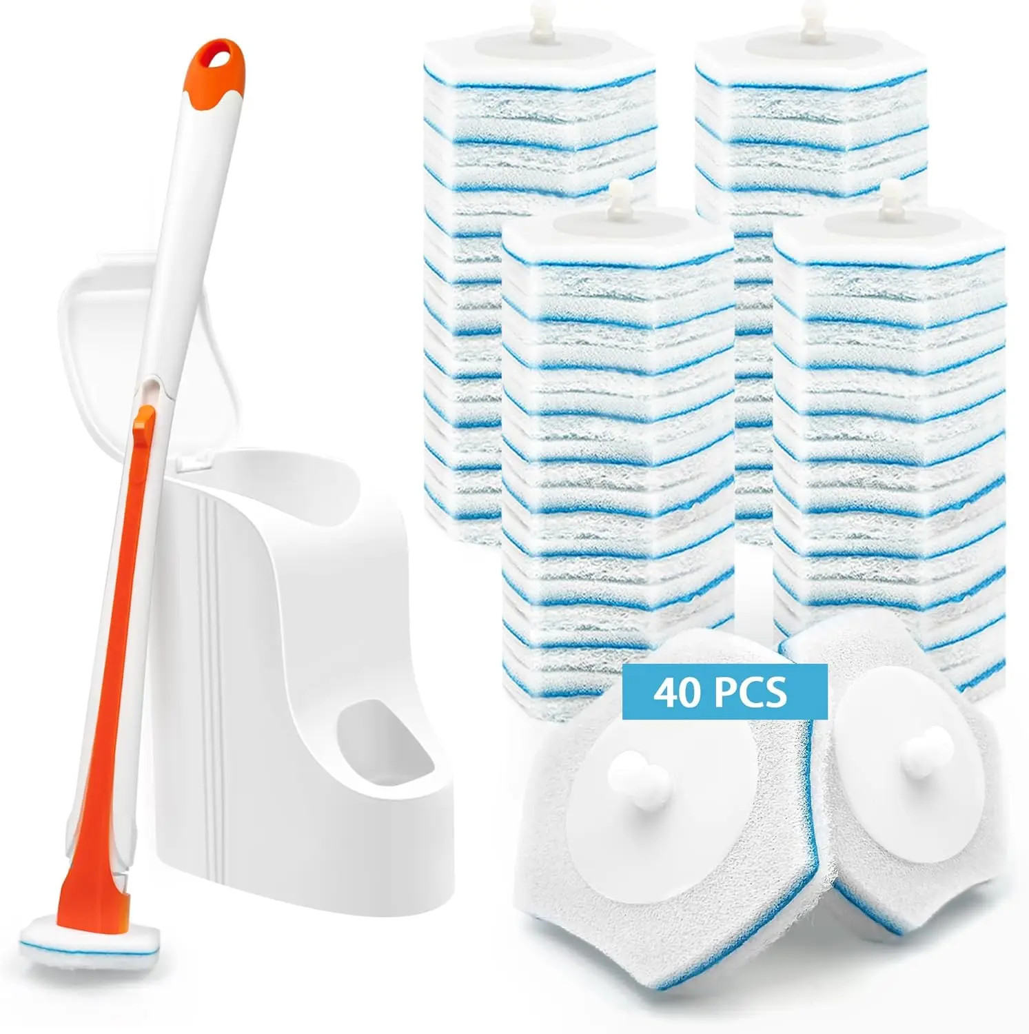

Disposable Toilet Bowl Cleaner Wand with 40 Refills, Wall Mounted Long Handle Bathroom Scrub Brush Holder for Sink Bathtub Wash