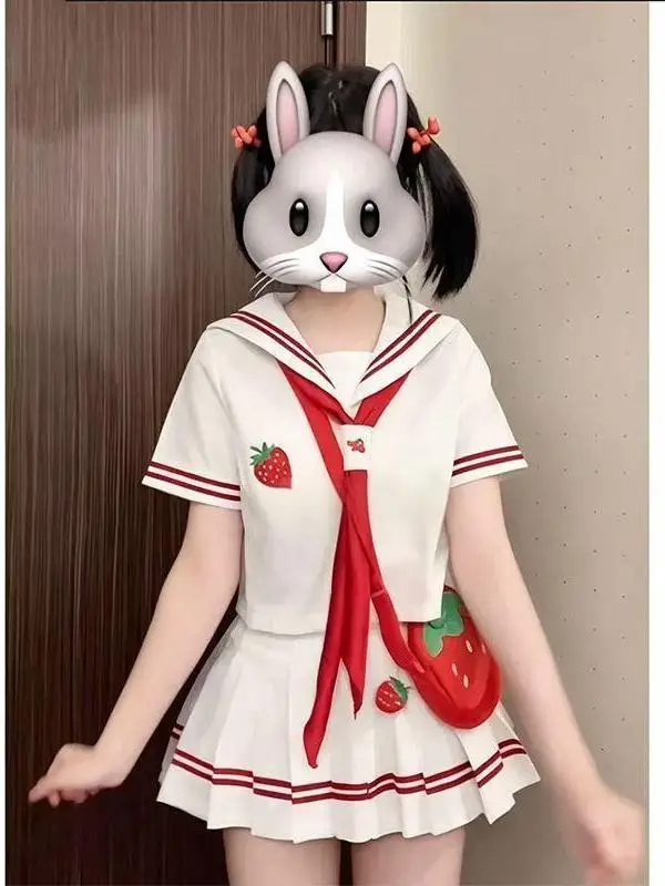 2026 Anime JK Uniform Strawberry Embroidery Short Sleeve Sailor Suit School Style Waist Cinched White Red Plaid Skirt Set image 4