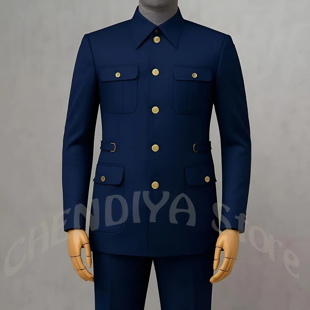Formal Men Suit Safari Style Two Pieces Set Slim Fit Single Breasted Multi Pockets Smart Casual Outfit For Party Event Office
