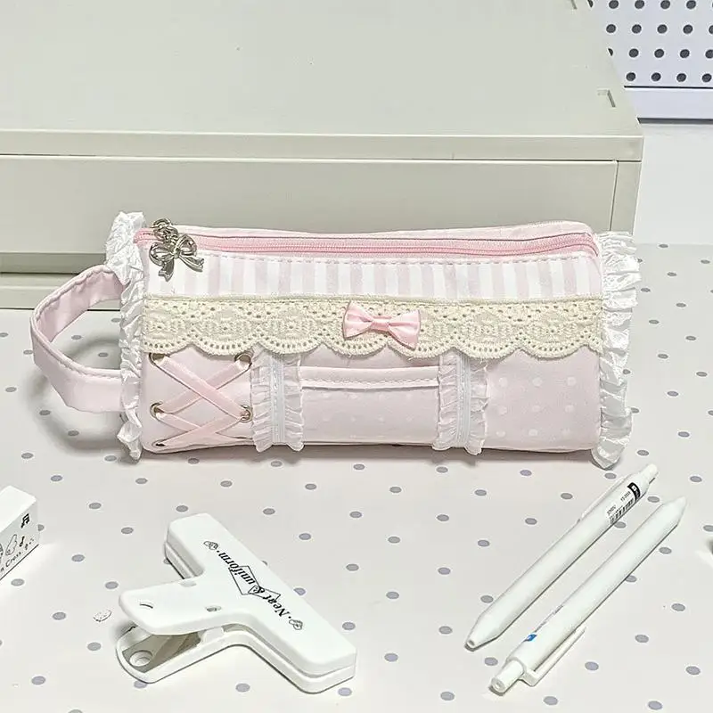 Lace Trim Ita Pencil Case Large Capacity Cute Bow Design For Students School Daily Stationery Storage Pen Pouch