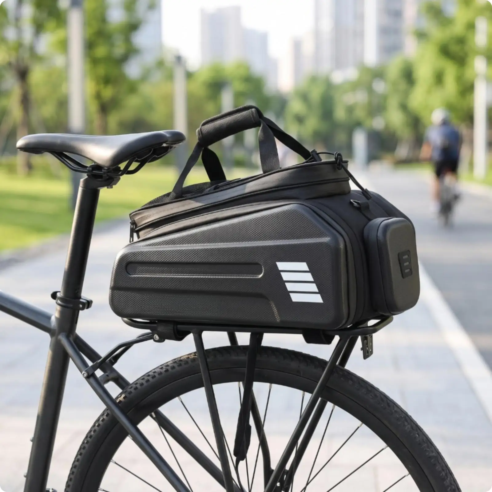 Reflective Pedal-Assist Bike Trunk Bag reinforced Hardreinforced side panel, Structured Rectangular Shape, for Daily Commutes