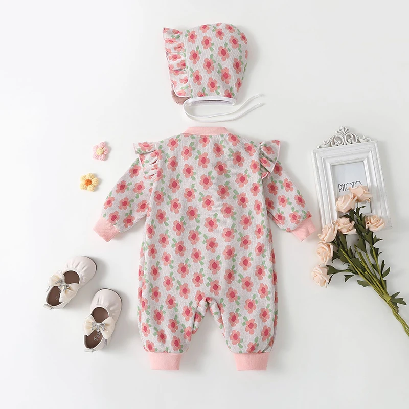 Autumn New girl baby Playsuit set sweet flower Bow Soft Baby Romper+hat 2 pieces Set Long sleeved Cute Baby Bodysuits clothing