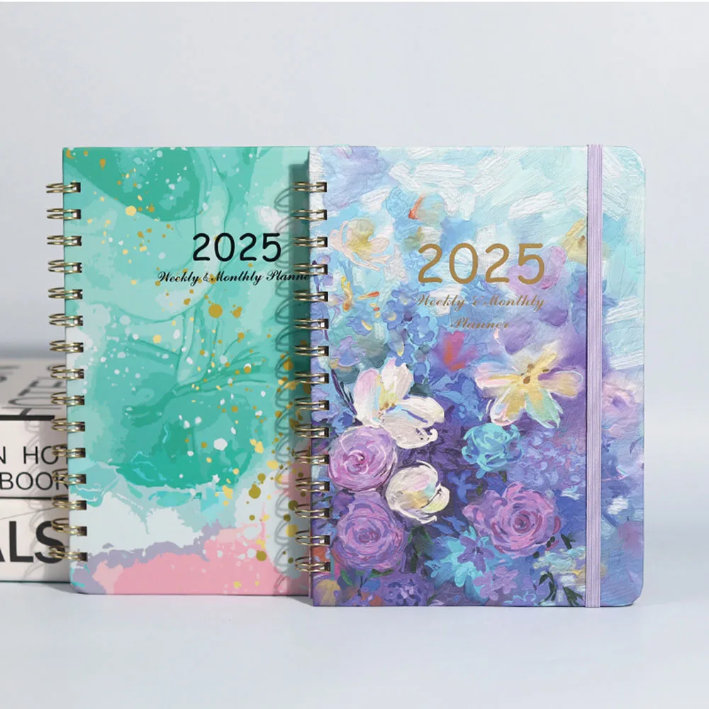 2025 Floral Leaves Pattern English Plan Book Cardboard Cover Calendar 52-week Schedule Student Class A5 Coil Notebook Planner