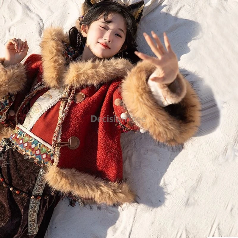 ملابس قطنية شتوية للفتيات التبتية المحسنة يوميًا لعام 2025، ملابس هان الصينية المطرزة على الطراز العرقي hanfu، ملابس السفر العصرية