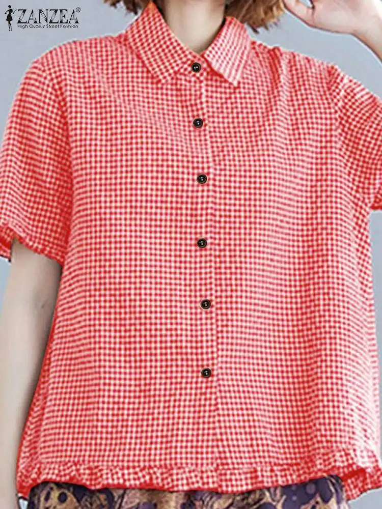 

ZANZEA 2024 Women Vintage Grid Printed Shirts Casual Turn-Down-Collar Short Sleeve Blouse Summer Button Down Oversize Korean Top