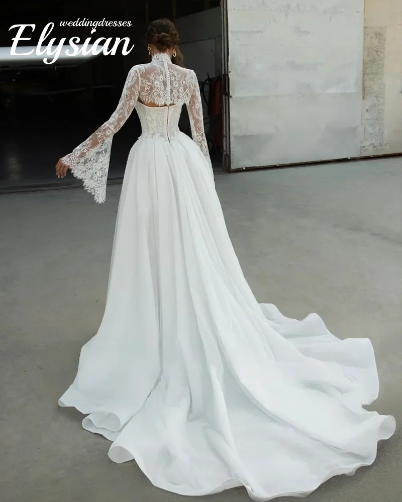 Abiti da sposa da sposa a trapezio in tulle di pizzo con scialle a maniche lunghe staccabile personalizzato Vestido De Novia