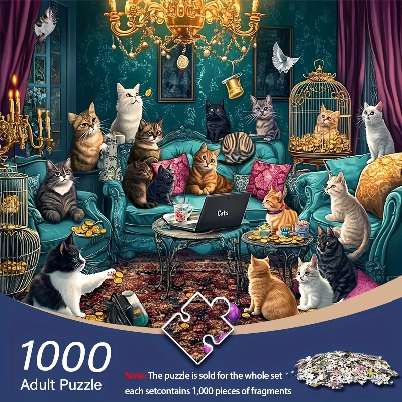 Puzzle per adulti da 1000 pezzi: mini puzzle rettangolare infernale difficile (38X26 cm/14,96X10,24 pollici), con gatti e dorati di lusso