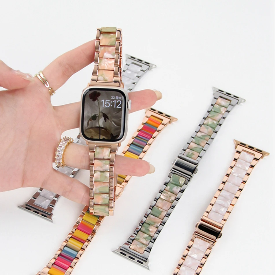 Bracelet en résine d'acier inoxydable pour Apple Watch UItra 2 9 8 7 6 5 4 SE Femme Bracelet Premium pour iWatch Series 42 mm 40 mm 38 mm 49 mm 45 mm 41 mm 44 mm Bracelet de luxe