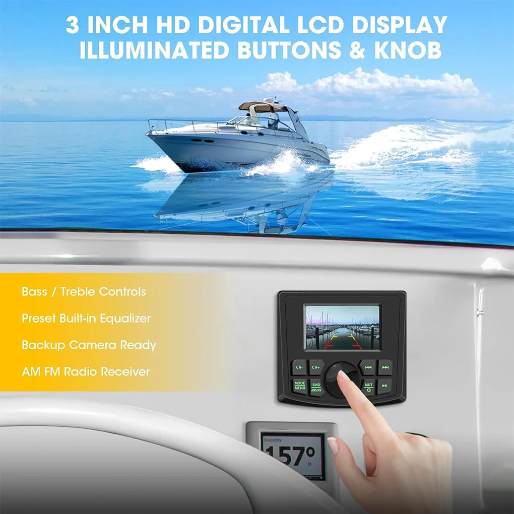 Marine Radio MP5 Boat Radio Stereo 3inch Display Media Video Player Waterproof Bluetooth AUX AM FM RDS for ATV UTV SPA RZR